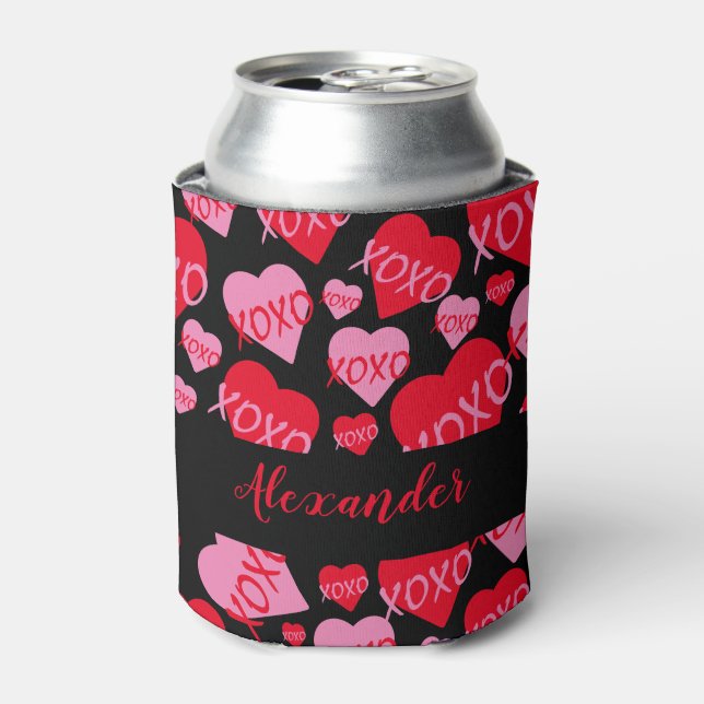Valentine's Day Pink Red Heart XOXO Pattern Black Can Cooler (Can Front)