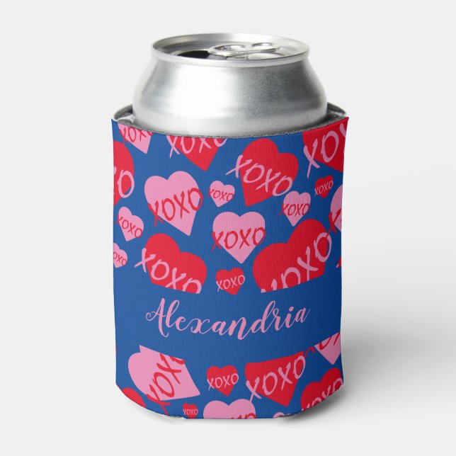 Valentine's Day Pink Red Heart XOXO Pattern Blue Can Cooler (Can Front)