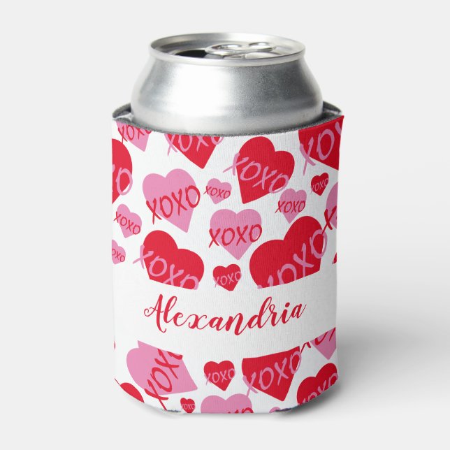 Valentine's Day Pink Red Heart XOXO Pattern White Can Cooler (Can Front)