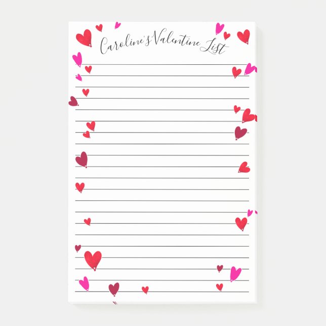 Valentine's Day Pink Red Hearts Personalised Post-it Notes (Front)