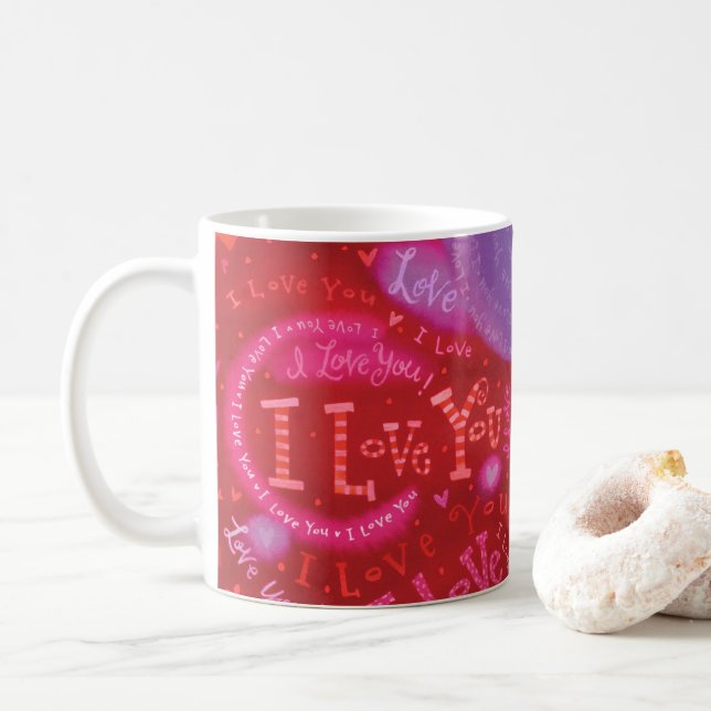 Valentine's Day Pink Red I Love You Typography Coffee Mug (With Donut)