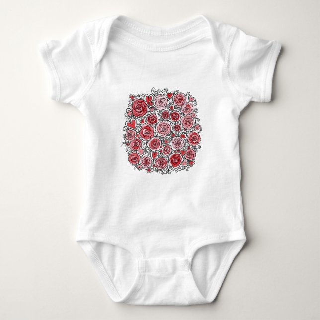 Valentine's Day Pink Red Roses Hearts Doodles  Baby Bodysuit (Front)