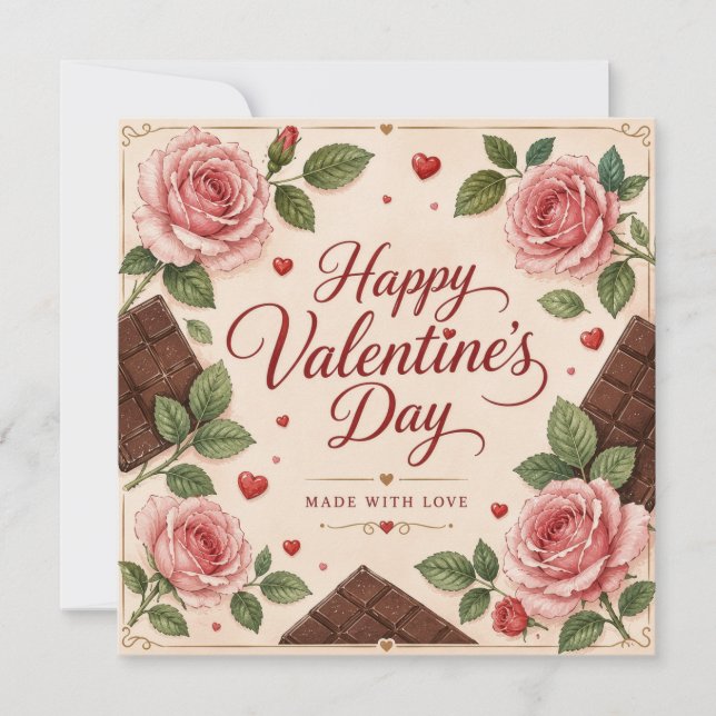 Valentines Day Pink Roses Chocolate Bars Card (Front)