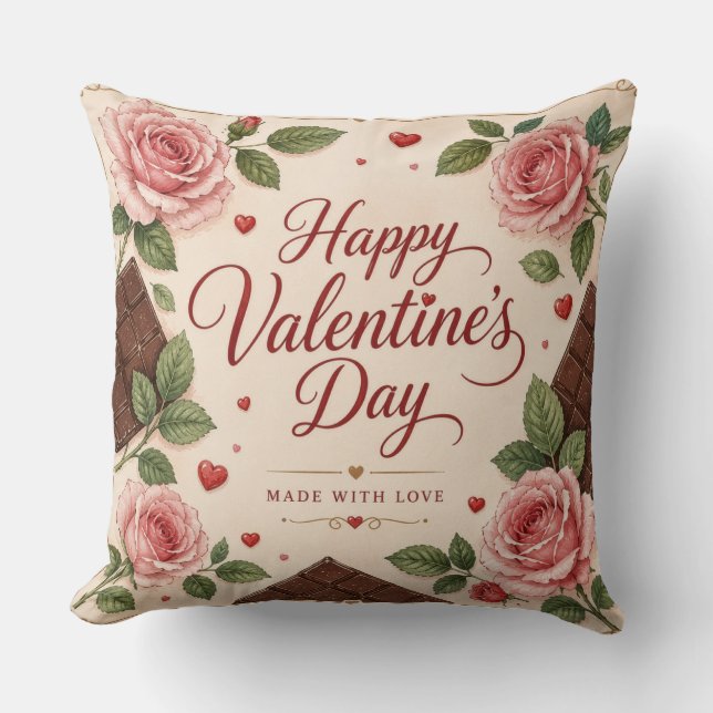 Valentines Day Pink Roses Chocolate Bars Cushion (Front)