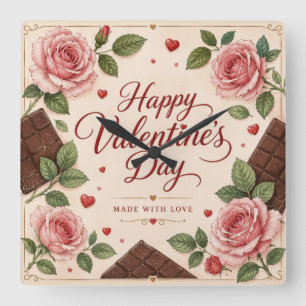 Valentines Day Pink Roses Chocolate Bars Square Wall Clock