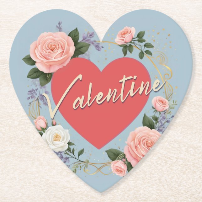 Valentine's Day Pink Roses Romantic Love Heart Paper Coaster (Front)
