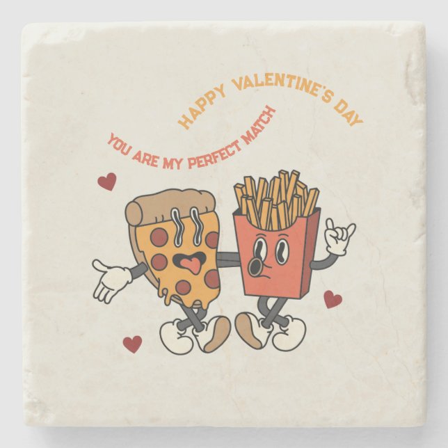Valentine's Day "Pizza and Fried Potatoes Match"  Stone Coaster (Front)
