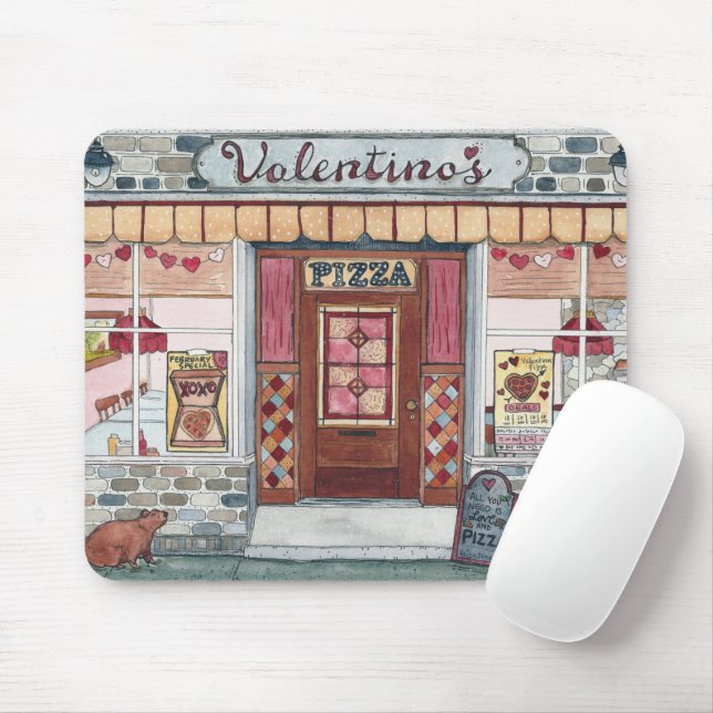 Valentine's Day Pizza Shop Watercolor Mouse Pad (With Mouse)