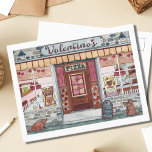 Valentine's Day Pizza Shop Watercolor Postcard<br><div class="desc">Send someone you are missing a special note with this postcard featuring an original watercolor painting of a quaint, old town pizza parlour shop. Valentino's Pizza, created with Valentine's Day in mind, features window displays of a stone oven pizza restaurant offering heart shaped pizza for their February special. A quiet...</div>