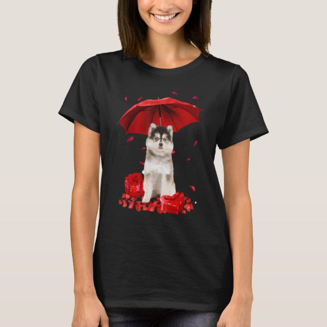 Valentines Day Pomsky Umbrella Heart Puppy Dog T-Shirt (Front)