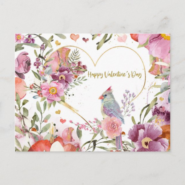 Valentines Day Pretty Bird Watercolor Floral Postcard (Front)