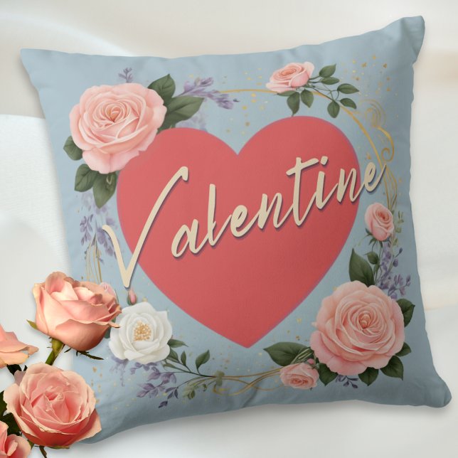 Valentine's Day Pretty Floral Pink Roses Custom Cushion (An elegant throw pillow for Valentine's Day, with love heart, pink roses and custom text on the back)