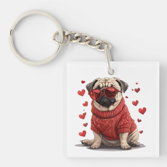 Valentines Day Pug Dog Key Ring (Front)