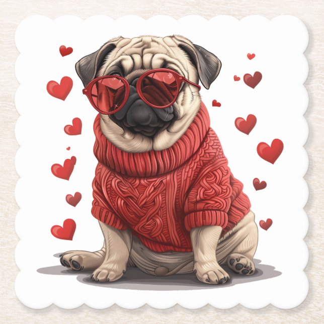 Valentines Day Pug Dog Paper Coaster (Front)