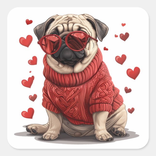 Valentines Day Pug Dog Square Sticker (Front)