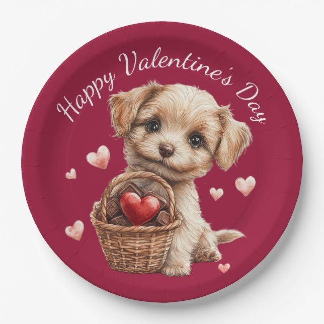 Valentine's Day Puppy Basket Red Heart Candy Paper Plate (Front)