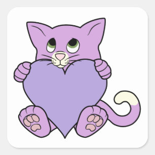 Valentine's Day Purple Cat with Light Purple Heart Square Sticker