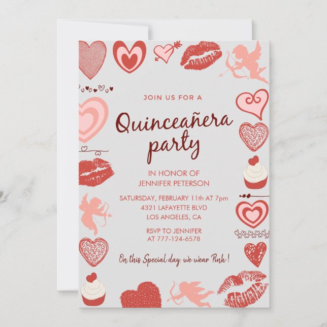 Valentines day quinceanera invitation cute pattern (Front)