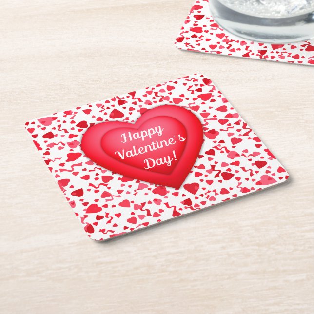 Valentine's Day Red Confetti Hearts Personalised Square Paper Coaster (Angled)