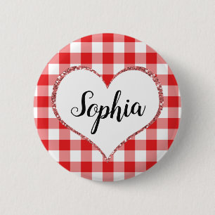 Valentine's Day Red Gingham Heart Custom Name 6 Cm Round Badge