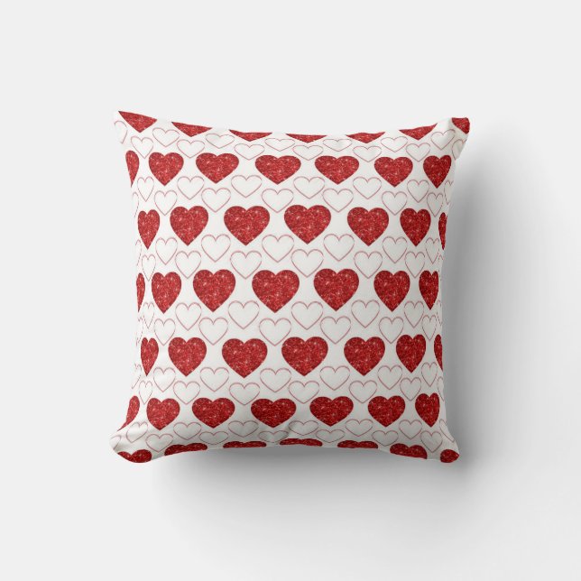 Valentine's Day Red Glitter Hearts Throw Pillow (Front)