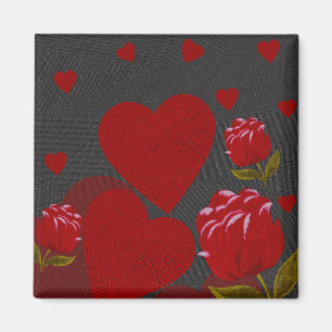 Valentine's day, red heart, red rose on grey magnet