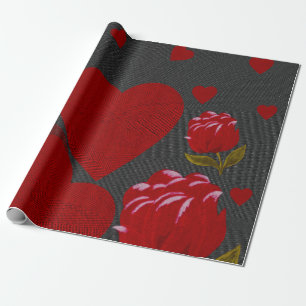 Valentine's day, red heart, red rose on grey wrapping paper