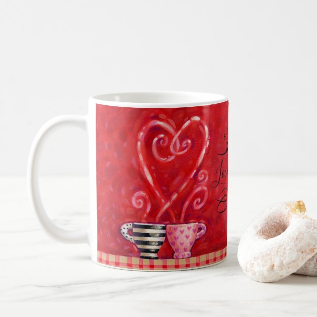 Valentine's Day Red Hearts Love Coffee Quote Coffee Mug (With Donut)