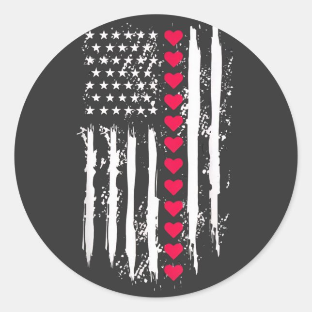 Valentines Day Red Hearts US American Flag Patriot Classic Round Sticker (Front)
