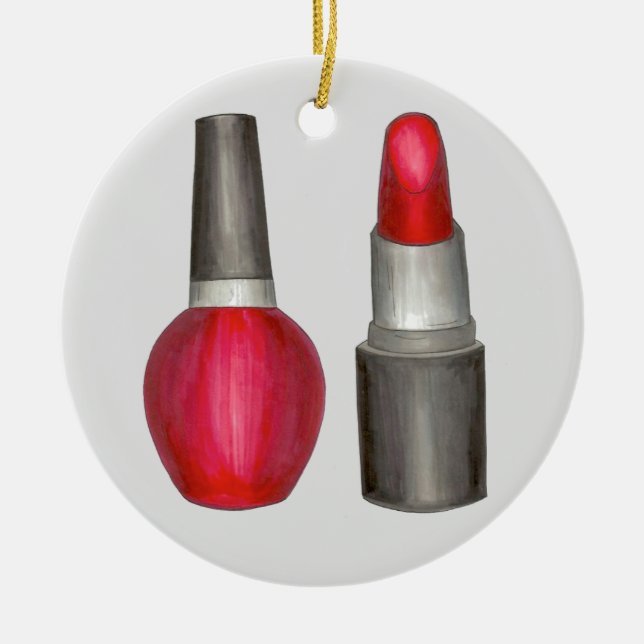 Valentine's Day Red Lipstick Nail Polish Makeup Ceramic Tree Decoration (Front)