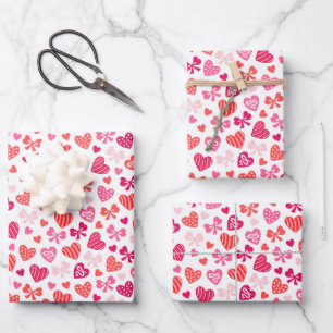 Valentine's Day Red Pink Hearts Bows Wrapping Paper Sheet