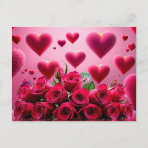 Valentine's Day Red Roses and Hearts Holiday Postcard