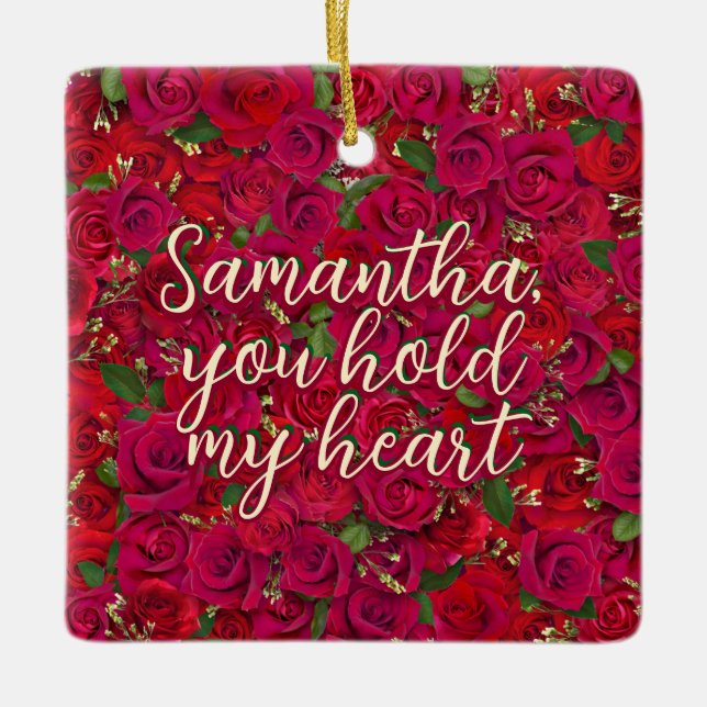 Valentine's Day Red Roses Custom Message  Ceramic Ornament (Front)