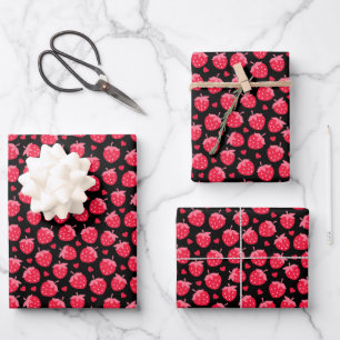 Valentine's Day Red Strawberries Red Hearts Black Wrapping Paper Sheet