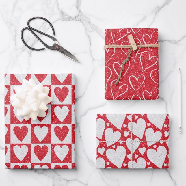 Valentine's Day Red White Glitter Hearts Trendy Wrapping Paper Sheet (Front)