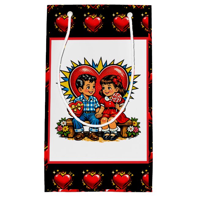 Valentine's Day | Retro Pop Art Boy and Girl Small Gift Bag (Front)