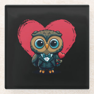 Valentine's Day Romance with Adorable Owl Groom Glass Coaster