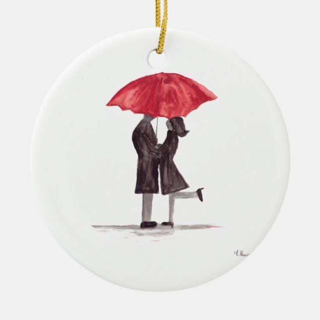 Valentine's day romantic couple red umbrella  ceramic tree decoration (Front)