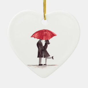 Valentine's day romantic couple with red umbrella  ceramic tree decoration