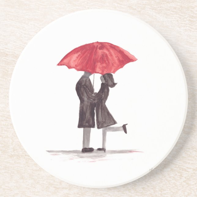 Valentine's day romantic couple with red umbrella  coaster (Front)