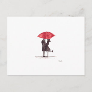Valentine's day romantic couple with red umbrella holiday postcard