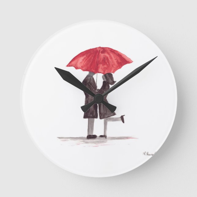 Valentine's day romantic couple with red umbrella round clock (Front)
