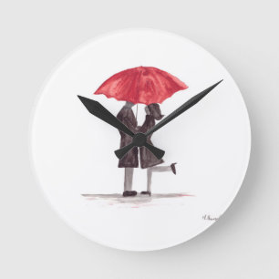 Valentine's day romantic couple with red umbrella round clock
