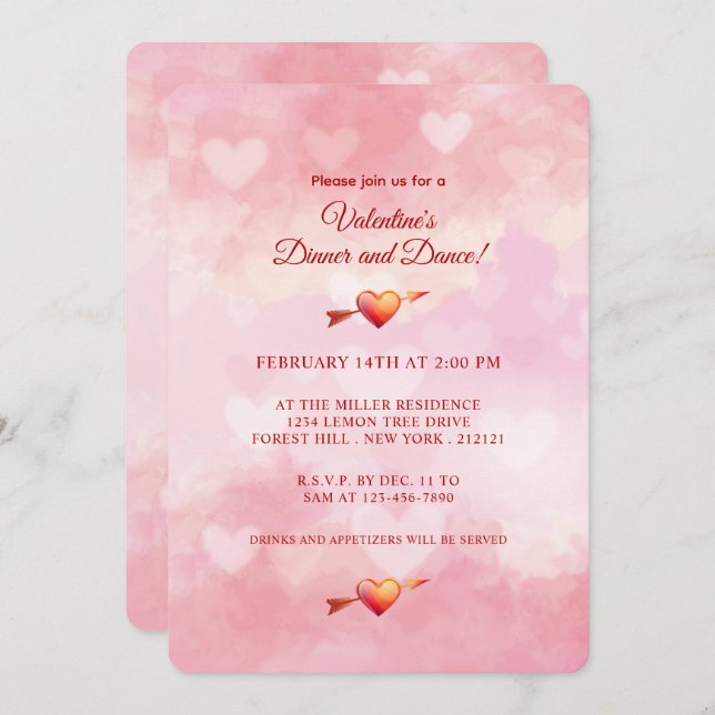 Valentine's Day Romantic Pink Heart  Invitation (Front/Back)