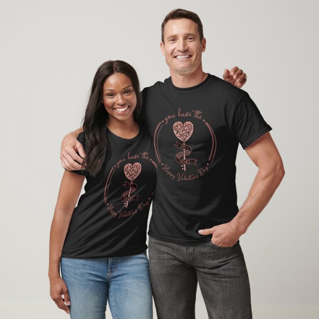 Valentine's Day Rose Gold Glitter Black Key Heart T-Shirt (Unisex)