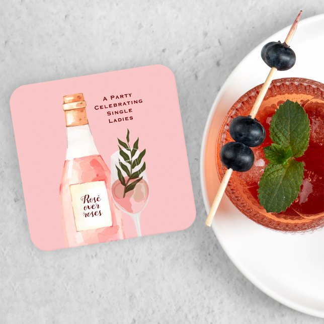  Valentine's Day Rosé Over Roses Pink Wine  Square Paper Coaster (Creator Uploaded)
