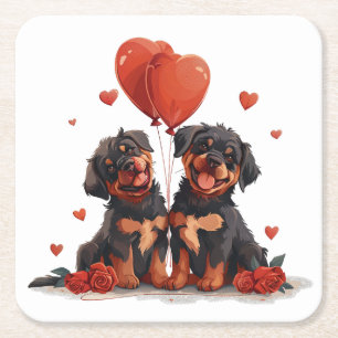 Valentines Day Rottweiler Dogs Square Paper Coaster
