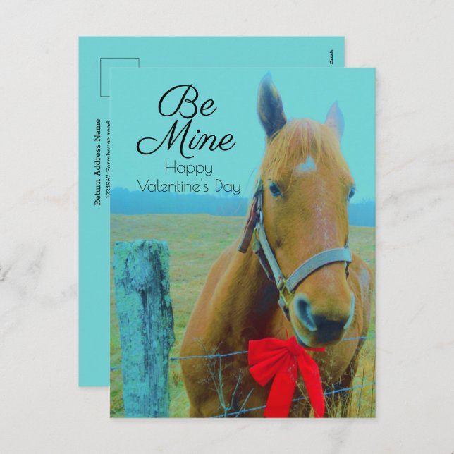 Valentine's Day Rustic Blue Horse  Red Bow Holiday Postcard (Front/Back)
