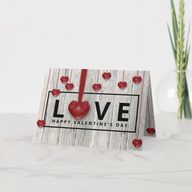 Valentine's Day Rustic Modern Wood LOVE Red Hearts Holiday Card (Front)