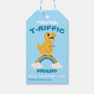 Valentine's day school boys dinosaur t-rex rainbow gift tags